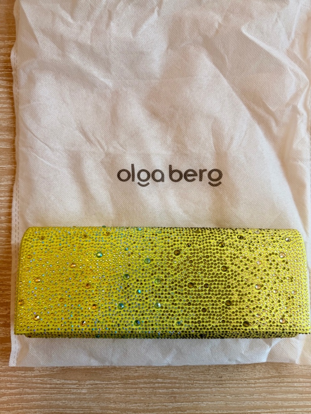 NEW Olga Berg Chartreuse Crystal-Studded Clutch